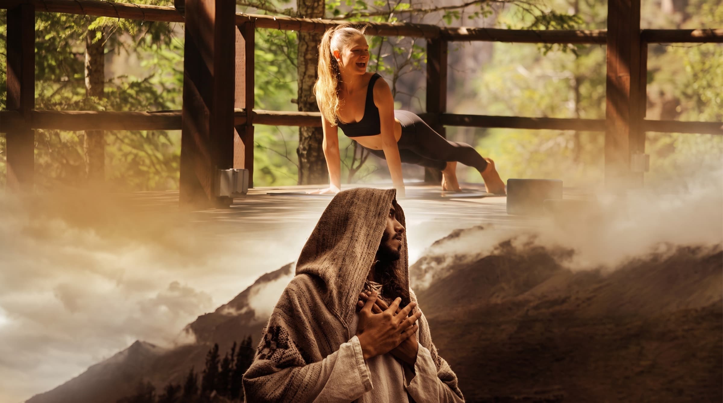 A woman flowing through a yoga pose in a forest pavilion above a figure meditating in the mist
